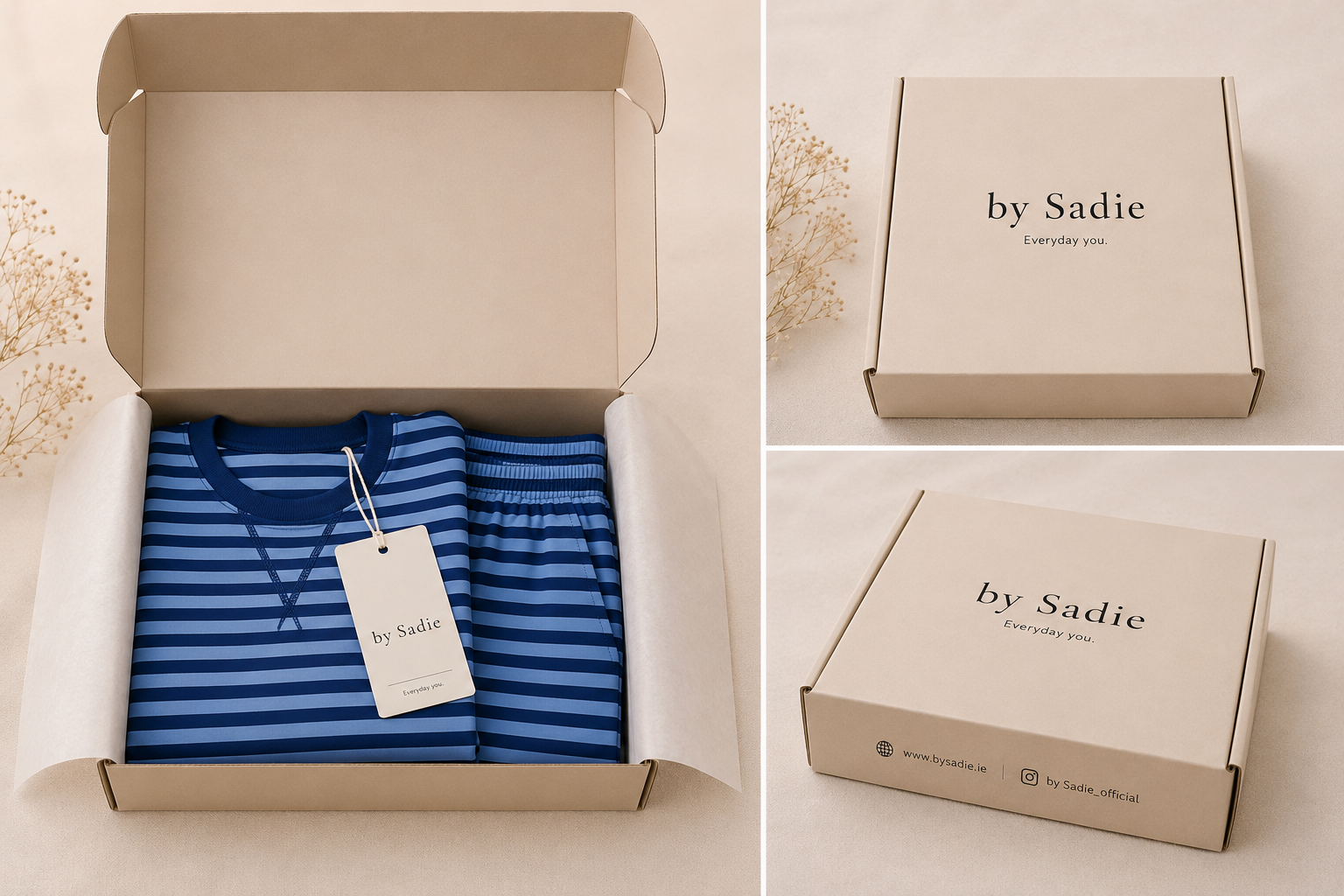 A by Sadie kraft box opening to reveal the striped Poppy Set with its swing tag on plain white tissue