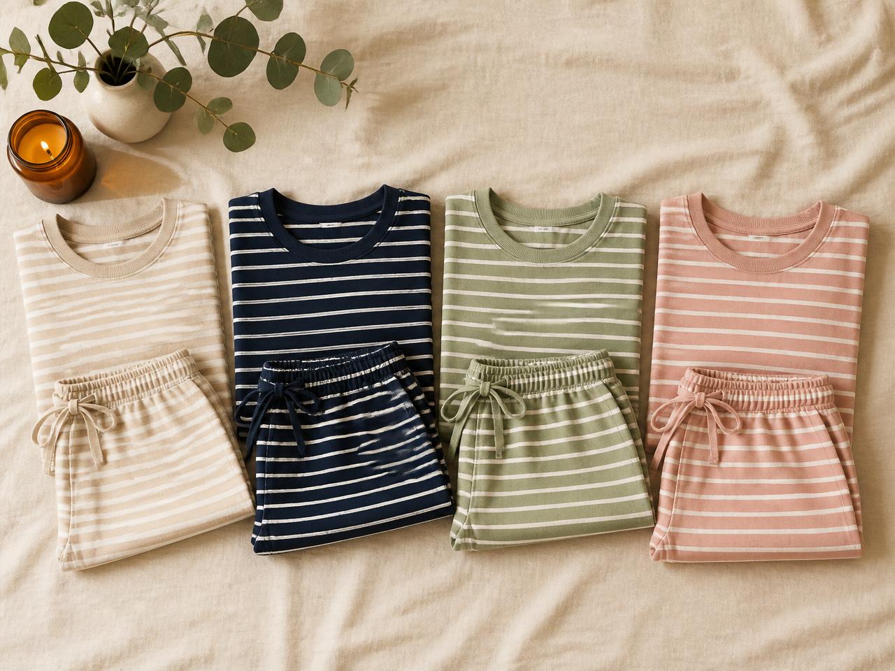 Folded striped cotton co-ord sets in natural tones