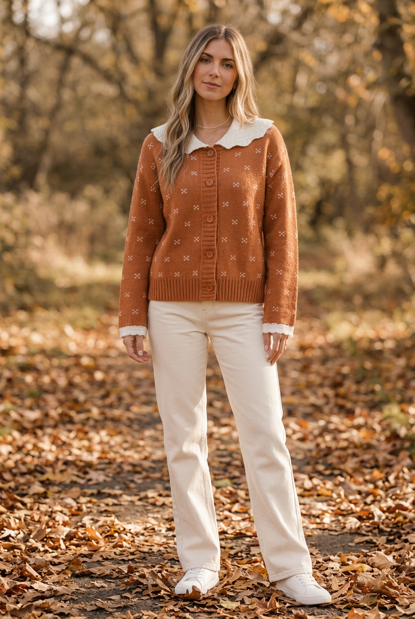 Model outdoors in autumn wearing the rust orange Riley cardigan with cream scalloped collar and cuffs