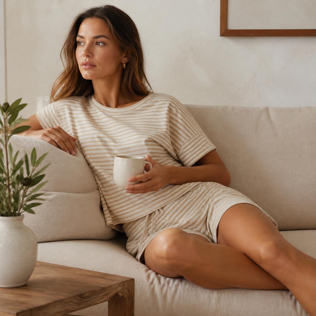 Woman relaxing in a beige striped cotton co-ord set